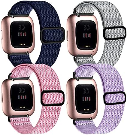 4 Pack Stretchy Bands Compatible with Fitbit Versa/Versa Lite/Versa 2 Bands Women Men, Adjustable Elastic Loop Nylon Breathable Replacement Straps