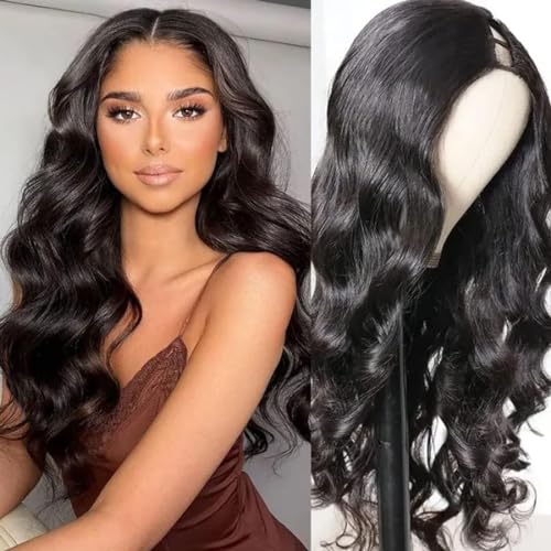 Wavy V Part Wig Wear And Go Glueless U Part Wig Body Wave Natural Black Synthtic Hair Soft As Human Hair Half Wigs For Black Women (Off Black, 26 Inch)