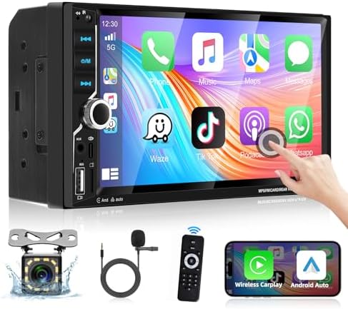 Podofo Double Din Car Stereo Apple CarPlay & Android Auto Bluetooth 7" HD Touch Screen Handsfree FM Audio Receiver with Mirror Link Voice Control Backup Camera/Steering Wheel Control/USB/TF/AUX/MIC