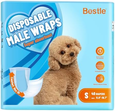Male Dog Wrap, Disposable Dog Diapers, 40 Count, S (Waist 16.5”-19.7”), Wetness Indicator, Ultra Protection, Leak Proof, Super Absorbent, Soft