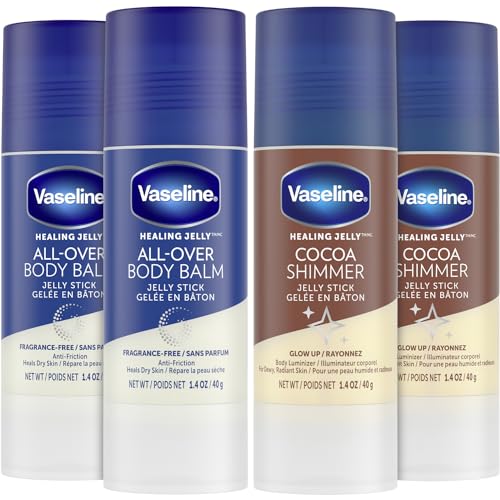 Vaseline Lotion Bundle, Cocoa Shimmer Jelly Stick Highlighter & Luminizer + All Over Body Balm Stick, Vaseline Cocoa Butter, Body Balm Skin Care Set, Petroleum Jelly for Dry Skin (4 Piece Set)