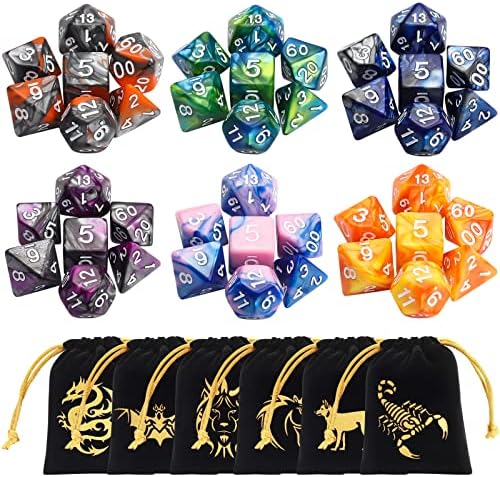 CiaraQ DND Polyhedral Dice Set (42pcs) with 6 Gold Pattern Drawstring Pouches for Dungeons and Dragons RPG MTG Table Games. 6 X 7 Double-Colors Dice Sets (D4 D6 D8 D10 D% D12 D20)