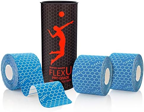 FlexU Kinesiology Tape - 60 2" x 10" Pre-Cut Strips for Lower Back, Knees, & Shoulders; Pain Relief & Support for Muscles & Joints, Shoulders, Knees & Back, Rheumatism, Gout, Osteoporosis (Blue)