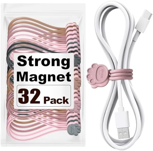 SOOOEC Magnetic Cable Ties, 32 Pack 7.2" Magnetic Cord Organizer Cute Cat's Paw Design, Silicone Twist Ties with Strong Magnet for Bundling and Cable Management, Fridge Magnets.