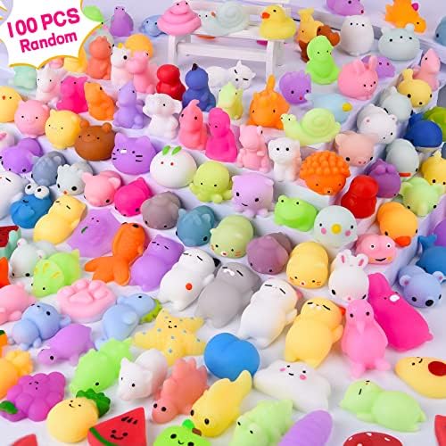 LEEHUR 100PCS Kawaii Squishies, Mochi Squishy Toys for Kids Party Favors, Mini Stress Relief Squishy Fidget Toys for Classroom Prizes for Kids Party Favors Goodie Bags Stuffers with Storage Bag