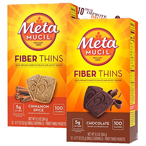 Metamucil FiberThins Fiber Supplement with Bleam Digestive Health Support Tip Card Psyllium Fiber Bars - 12CT Cinnamon Spice & 12CT Chocolate - Set