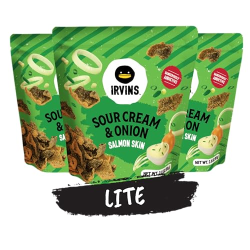 IRVINS Lite Sour Cream & Onion Salmon Skin Chips Crisps | No MSG | Premium Hand Cooked | High Protein | Keto-Certified | 2.5 oz (Pack of 3)
