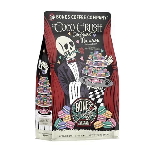 Bones Coffee Company Coco Crush Flavored Coffee Beans, Medium Roast Ground Coffee Low Acid, Coconut Macaron Flavor (12 oz)