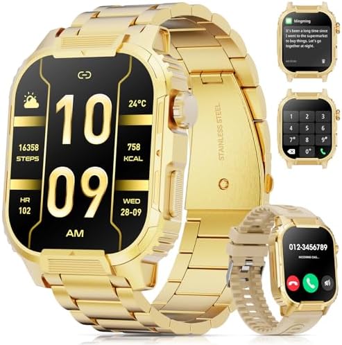 Smartwatch for Men Women(Answer/Make Calls),2.02" Military Fitness Watch with Heart Rate Blood Oxygen Sleep Monitor Pedometer,123+ Sports Modes,IP68 Waterproof,Smart Watch for Android iOS (Gold)
