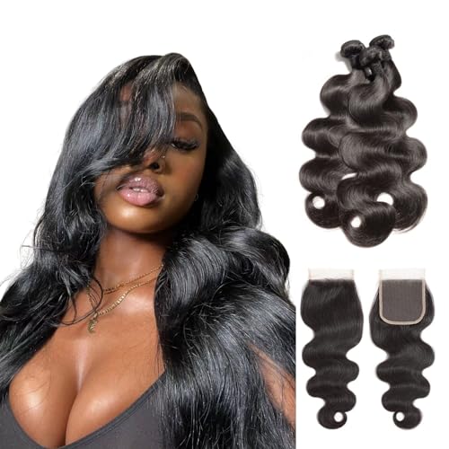 Body Wave Bundles with Closure Human Hair Brazilian Human Hair 3 Bundles with 4x4 HD Lace Closure Free Part 10A Grade 100% Unprocessed Virgin Hair (Body Wave Black, 4x4 20 22 24 +18 inch)