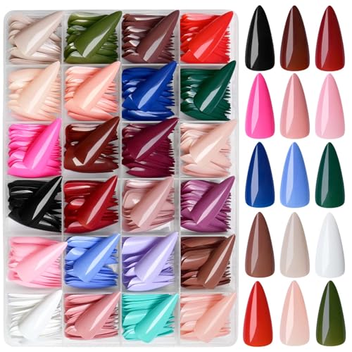 LoveOurHome 576pc Stiletto Press on Nails Long Fake Nails XL Stiletto Glue on Nails Full Cover Acrylic Nail Tips Pointy Nails Press ons Long Artificial Nail Women Girls Halloween Fake Fingernails