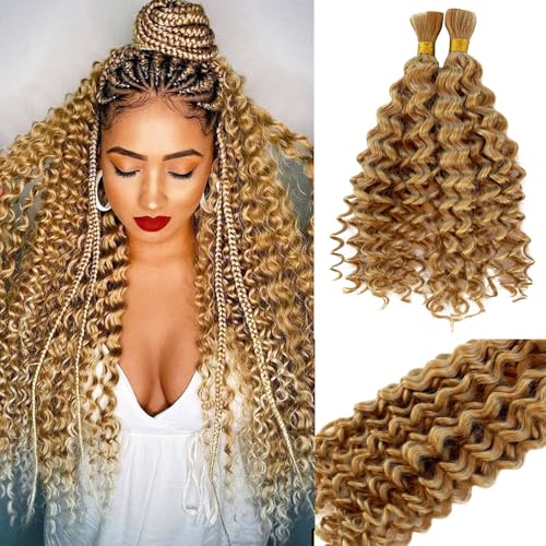 Human Braiding Hair for Boho Braids Human Hair Braiding Hair 100g 24 Inch Curly Boho Hair for Braiding Knotless Water Wave Bulk Human Hair for Braiding 2 Bundles/Pack Honey Blonde Human Hair Bulk