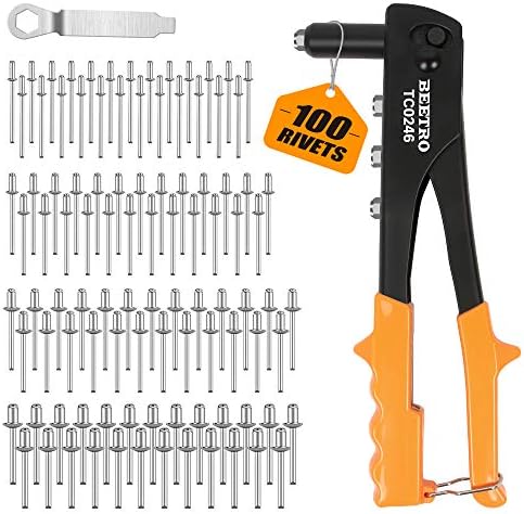 BEETRO Heavy Duty Hand Riveter, Rivet Gun, 3/32"-1/8"-5/32"-3/16", 4 Nosepieces Set Includes 100pcs Rivets, Durable and Suitable for Metal, Plastic and Leather