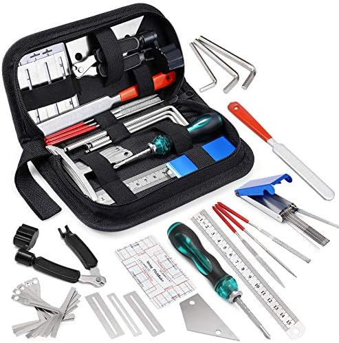 25Pcs Guitar Repairing Tools Kit Setup Kit with Carry Bag for Acoustic Electric guitar Ukulele Bass Banjo Maintenance Tool with Ruler Gauge Measuring Tool Hex Wrench Files Fingerboard Guard