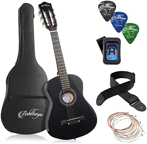 Ashthorpe 30-inch Beginner Acoustic Guitar Package (Black), Basic Starter Kit w/Gig Bag, Strings, Strap, Tuner, Picks