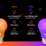 4 Pack A19 LED Purple Light Bulb LED Orange Light Bulb 120V E26 Base 9 Watt (60-watt Replacement) Purple Bulb Orange Bulb, Party Decoration, Porch, Home Lighting, Halloween Light Bulbs