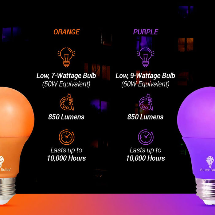 4 Pack A19 LED Light Bulb LED Light Bulb 120V E26 Base 9 Watt (60-watt Replacement) Bulb, Party Decoration, Porch, Home Lighting, Christmas Light Bulbs (Orange Purple, 6 Pack)