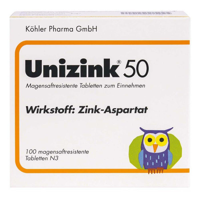 Unizink 50 enteric-resistant tablets, effective zinc supply for a strong immune system, healthy skin, hair and nails as well as to prevent colds and fatigue, 100 pieces