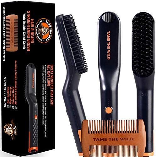 TAME The Wild Beard Brush and Beard Straightener for Men - Ionic Heated Comb with 3 Adjustable Temps - Wooden Beard Comb for Grooming - Anti-Scald Safety - for All Hair Types