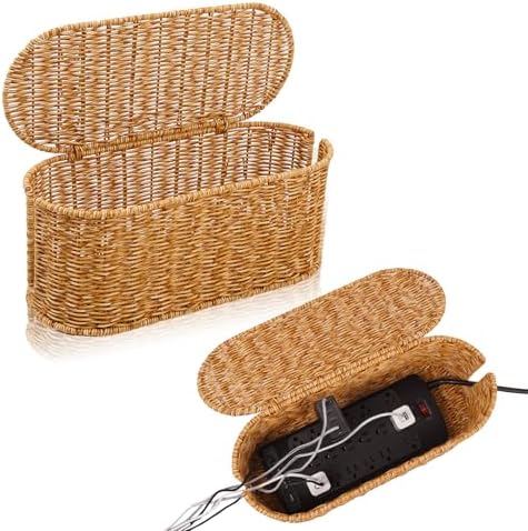 Cable Management Box, Handmade Rattan Cable Organizer, 2 Open Slots Cords Hider Box, Under Desk Cord Organizer for Computer Router USB Hub & Power Strip, Patent Pending, 15.9" x 6.5" x 6.5", Natural