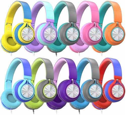 AILIHEN Classroom Headphones Bulk 10 Pack with Microphone - C8 On-Ear Wired Kids Headphones for School with 3.5mm Jack for Library Home Online Learning (Multicolor)