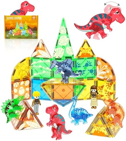 Magnetic Tiles Dinosaurs Magnet Building Blocks Toys for Kids Ages 3-5 4-8 8-12 Creative Animals Educational Stack Tile Construction for Boys Girls Toddlers 5-7 Year Old to STEM Learning