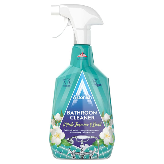 ASTONISH Streak Free Foaming Bathroom Cleaner Spray Bottle - Deep Cleaning White Jasmine & Basil Scented Spray For Soap Scum, Watermarks & Limescale - Cruelty Free Household Cleaning Supplies, 750 ml