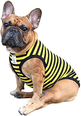iChoue French Bulldog 100% Breathable Cotton Striped T Shirts Halloween Vest Clothes for Medium Dogs Tank Tops Frenchie Pug English Boston Terrier Pitbull Yellow Black Stripes - Large Plus