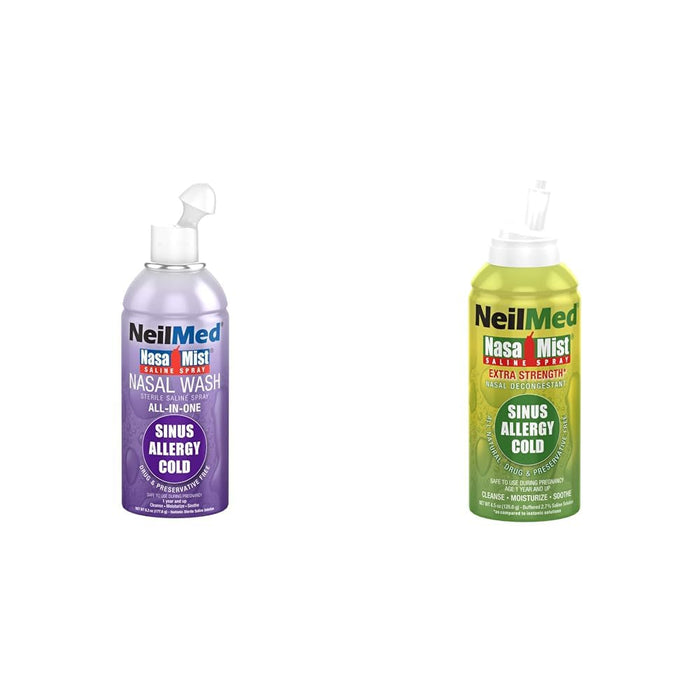 NeilMed NasaMist All in One Multi Purpose Saline Spray, 6.3 Fl Oz & NasaMist Hypertonic Extra Strength Saline Spray,Green 4.5 fl oz (Pack of 1)