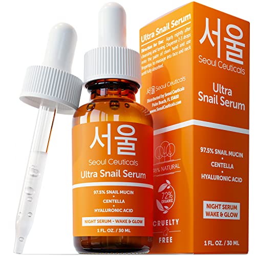 SeoulCeuticals Korean Skin Care 97.5% Snail Mucin Serum – K Beauty Skincare Night Serum Hyaluronic Acid for Face - Centella Anti Wrinkle Serum 1oz