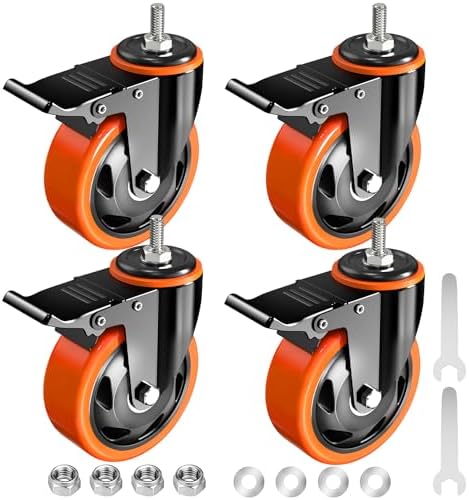 Caster Wheels Heavy Duty 3 Inch Stem Caster 1/2"-13 x 1"(Stem Diameter 1/2", Stem Length 1"), Safety Locking Caster Set of 4, Industrial Castor Wheels for Cart,Furniture