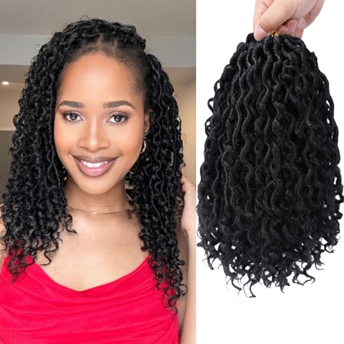 Goddess Locs Crochet Hair 10 Inch Faux Locs Crochet Hair for Women Soft River Locs Short Curly Pre Looped Crochet Braids with Curly Ends Boho Hippie Locs Synthetic Hair Extensions 6 (packs, #1b)