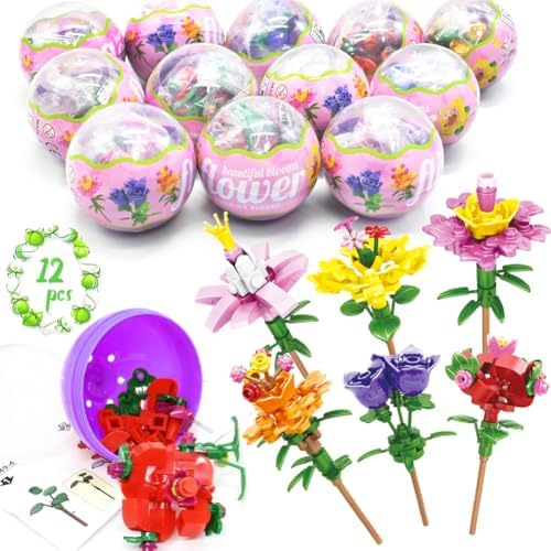 UMEELR Pre Filled Easter Eggs with Flowers Building Blocks, 12Pcs DIY Flower Egg Surprise Toys for Easter Basket Stuffers, Easter Party Favors Easter Egg Hunt Classroom Prize Toys