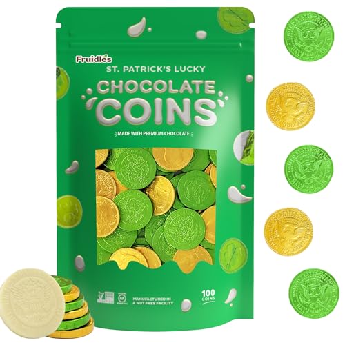 Fruidles St. Patrick's Day White, Green and Gold Coins, Belgian Nut-Free Milk Chocolate, Kosher Certified Dairy (100 Coins)