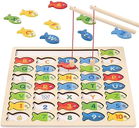 Wooden Magnetic Fishing Game for Toddlers, Montessori Fine Motor Skills Toy with Letters and Numbers, Preschool Learning ABC and Puzzle Educational Toys Gift for 3 4 5+ Year Old Kids(2 Poles)