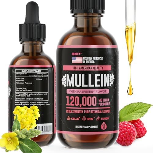 HERBIFY Mullein Drops - Lung Cleanse - Leaf Extract - Powerful Mullein for Immune Support, Detox & Respiratory Support - Made in USA - 4 Oz Raspberry Flavor