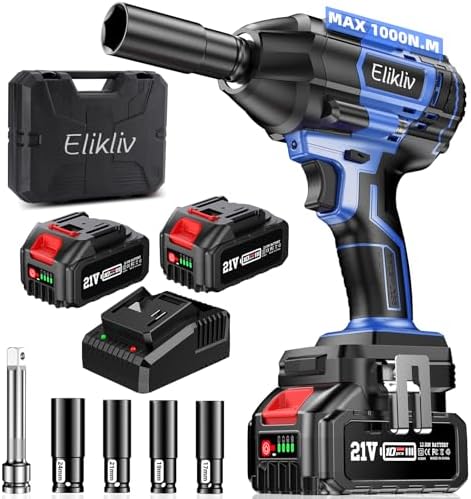 Elikliv Cordless Brushless Impact Wrench 1/2 inch, Max Torque 1000N.m, 740Ft-lbs 21V Electric Power Impact Gun, 2x 4000mAh Battery, Fast Charger, 4 Sockets set, Power Impact Driver for Car Tires Home
