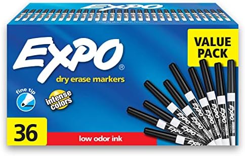 EXPO Fine Tip Dry Erase Markers, Low Odor, Black Ink, 36-Count Set, Ideal for Classroom, Office, and Home Use