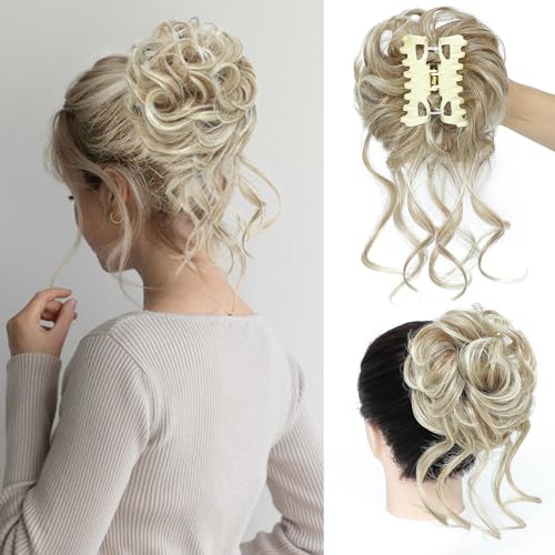 Messy Bun Hair Piece Claw Clip Curly Wavy Hair Buns Tousled Updo Hair Buns Extensions Scrunchie Long Beard Clip Claw in Bun Hair pieces for Women(Ash Blonde Mix Blonde)