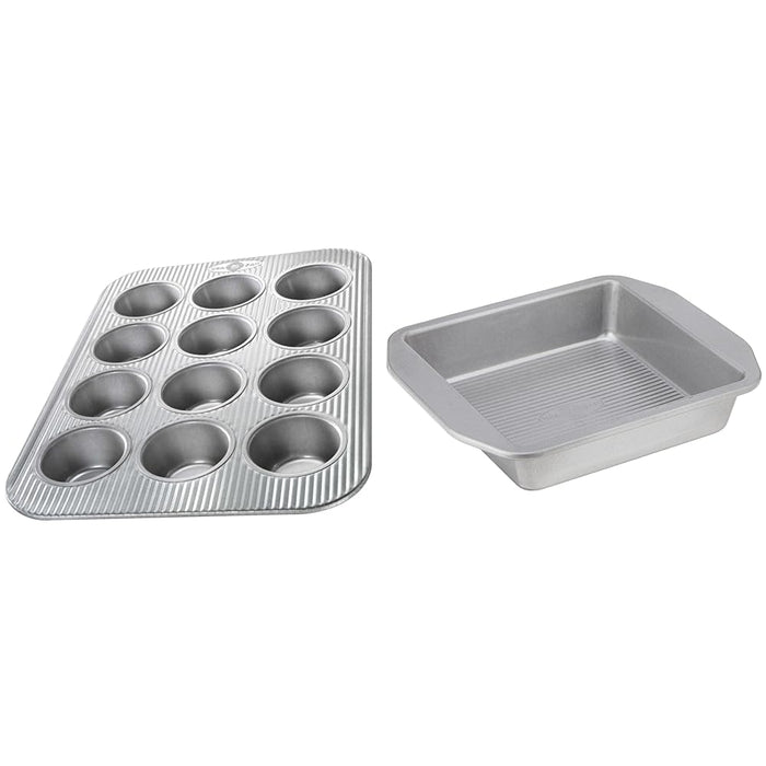 USA Pan 12-Cup Muffin Pan and 8-Inch Square Cake Pan Aluminized Steel Bakeware Set