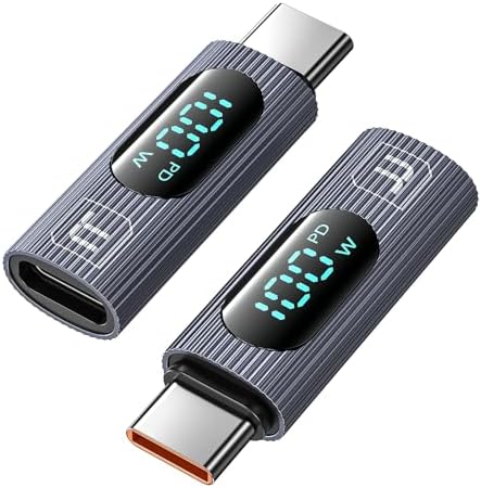 USB C Adapter, 2-Pack 100W Female to Male Extension with Power Meter Tester & Digital Display for iPad Pro, iPhone 16/15 Pro Max, MacBook Pro, Laptop (Grey)