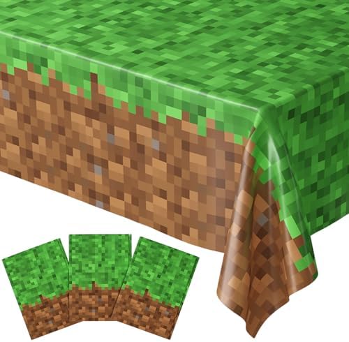 Blue Orchards Pixel Miner Table Cover (Pack of 3) - 54"x108" XL - Gamer Party Supplies, Mining Craft Party Decorations