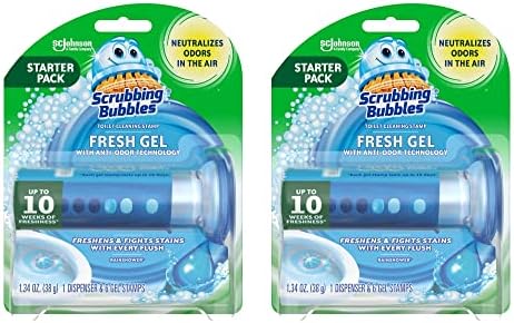 Scrubbing Bubbles Fresh Gel Toilet Bowl Cleaning Stamps, Helps Keep Toilet Clean and Helps Prevent Limescale & Rings, Rainshower Scent, 1 Dispenser with 6 Fresh Gel Stamps (2 Pack)