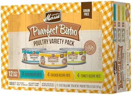 Merrick Purrfect Bistro Grain Free Premium Canned Pate Adult Wet Cat Food, Variety Pack, Chicken, Duck, Turkey - (Pack of 12) 4.1 lb. Cans