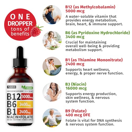 (2 Pack) Vitamin B12 Liquid Drops, Vitamin B Complex, Vegan B12 Sublingual 5000 mcg with Vitamin B6, Liquid B12 Methylcobalamin Supports Energy, Brain & Heart with 27,200 mcg Per Serving, 80 Servings