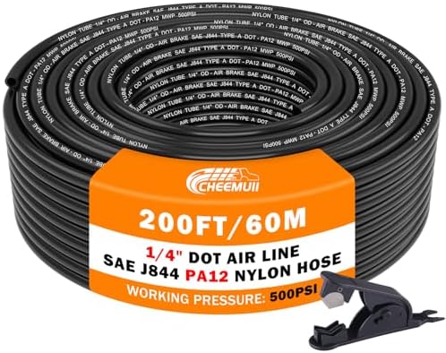 CheeMuii 200 FT 1/4" DOT Air Line 1/4 PA12 Nylon Pneumatic Tubing 61 Meter 1/4 Inch OD Pneumatic Air Tubing Pipe Hose Line for Semi Truck Trailer or Industrial Air System