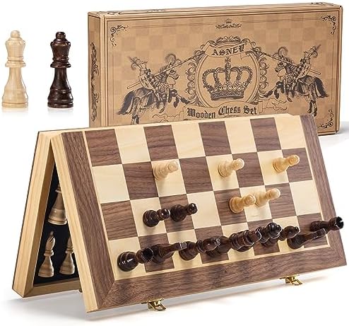 ASNEY Upgraded Magnetic Chess Set, 15" Tournament Staunton Wooden Chess Board Game Set with Magnets, Crafted Chesspiece ans Storage Slots for Kids Adult, Includes Extra Queens