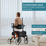 ELENKER 2 in 1 Rollator Walker & Transport Chair, Folding Wheelchair with 10” Non-Slip Wheels for Seniors, Reversible Backrest & Detachable Footrests, Orange