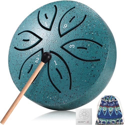 Facmogu Steel Tongue Drum for Outside, 3 Inch 6 Notes Chakra Drum for Outdoor Use, Mini Handpan Drum for Sound Bath, Musical Education Entertainment Meditation Yoga Zen Gifts - Green (Leaf Pattern)