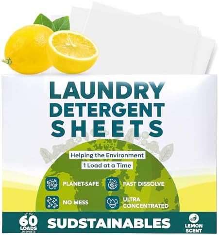 Laundry Detergent Sheets (60 Loads) – Eco-Friendly, Zero Waste, Plastic-Free Laundry Washing Machines Soap Sheets; Dissolvable, Space-Saving Strips for Travel (Lemon)